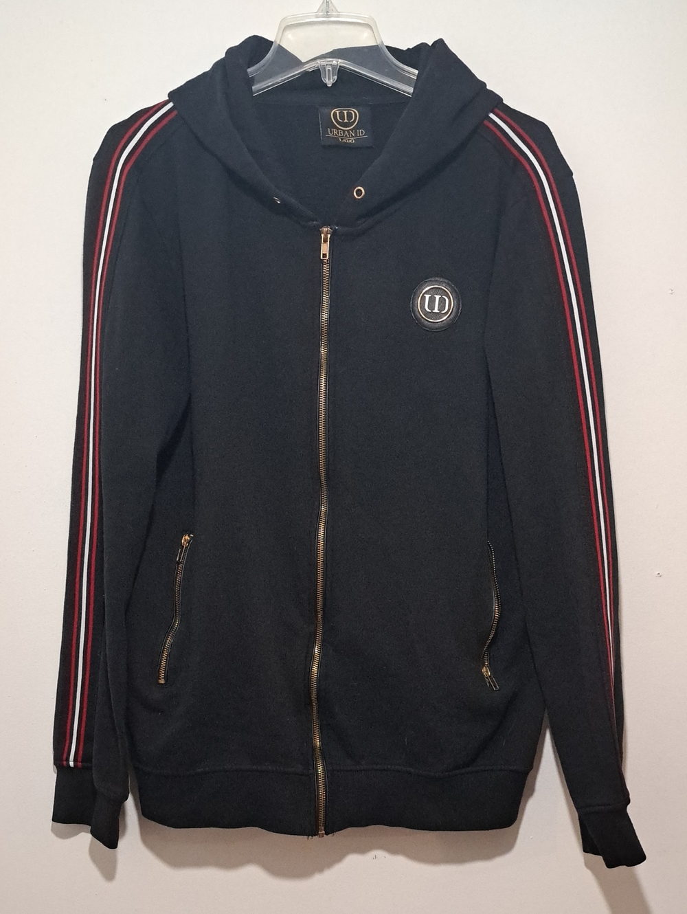 Urban Outfitters Black Zip-Up Hoodie with Red and White Sleeve Stripes